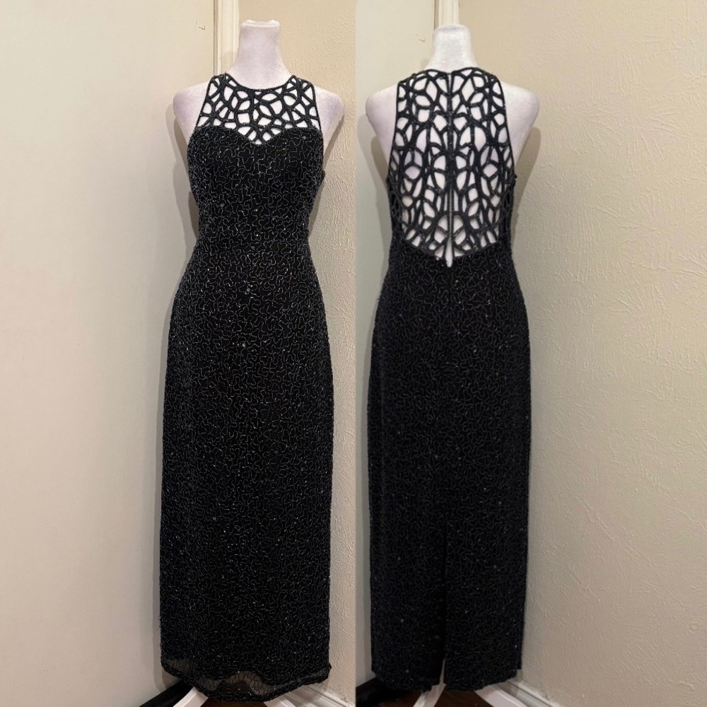Scala Black Silk Fully Beaded Sequin Cage Neckline Sleeveless Maxi Dress L